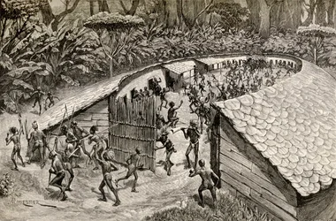 Iyugu őslakosai háborúra készülnek, 1890 (fametszet)